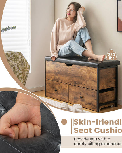 Giantex Storage Bench with Flip Top Storage Chest, 2 Rolling Drawers (Rustic Brown)
