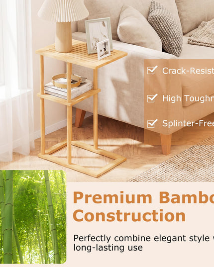Giantex Bamboo Side Table Set of 2 with Storage Shelves