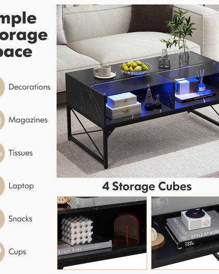 Giantex LED Coffee Table, High Gloss Coffee Tables with 4 Storage Cubes