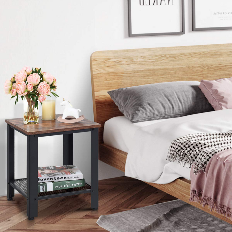 Giantex Nightstand Side Table 2-Tier W/Adjustable Feet, Storage Shelf and Metal Frame