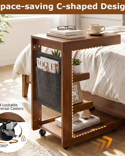 Giantex C-Shaped End Table with Wheels Adjustable Desktop Edge Stopper & 3 Storage Shelves