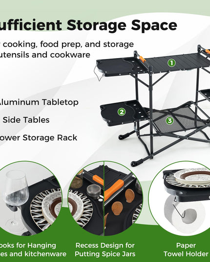 Giantex Camping Cooking Table, Folding Grill Table with Aluminum Tabletop, 4 Side Tables, Storage Rack