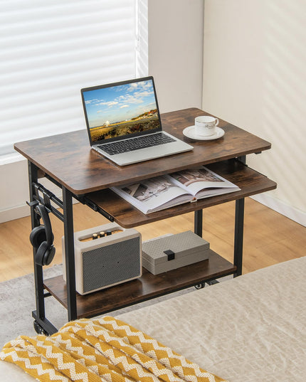 Giantex Mobile Computer Desk, Rolling Writing Desk with Keyboard Tray, Shelf & 3 Hanging Hooks, Rustic Brown & Black