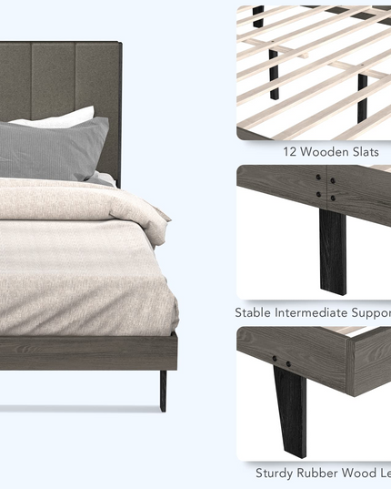 Wooden Slats Support Queen Mattress Foundation with Tufted Headboard, Grey