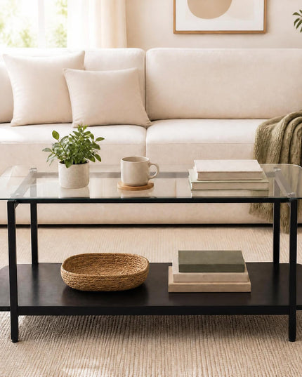 GIANTEX 37.5" Glass Coffee Table | 2-Tier Center Table with Storage