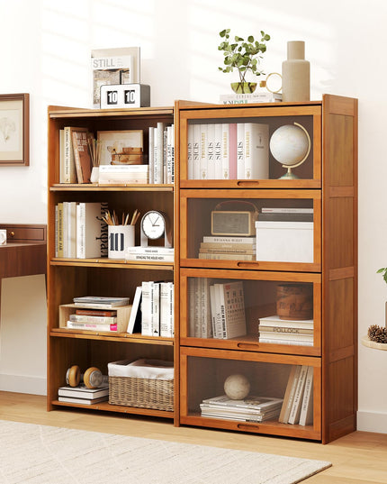 Giantex 4-Tier Bookcase with Clear Doors, 55" Bamboo Bookshelf with Flip-up Acrylic Doors, Freestanding Cube Storage Organizer with Shelves