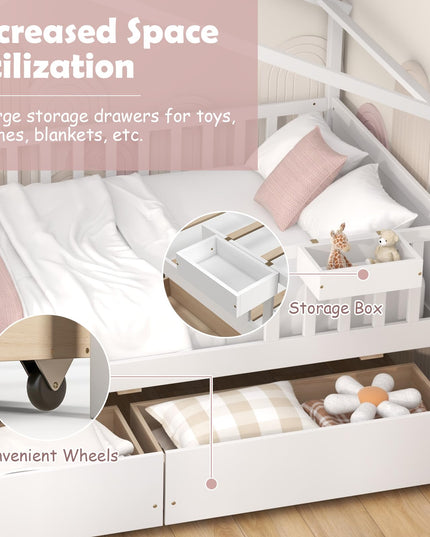 Giantex Twin House Bed with Drawers, Wooden Twin Bed Frame with Cube Storage & Fence Rails