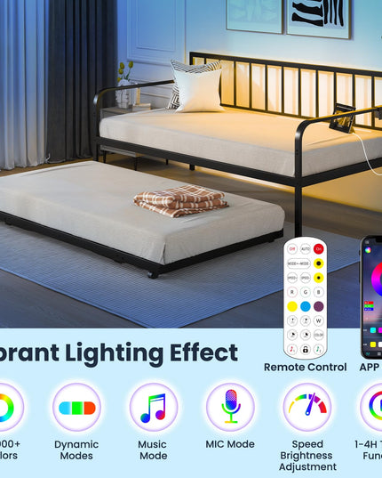Giantex Twin Daybed with Trundle, Metal Day Bed with Charging Station & LED Lights