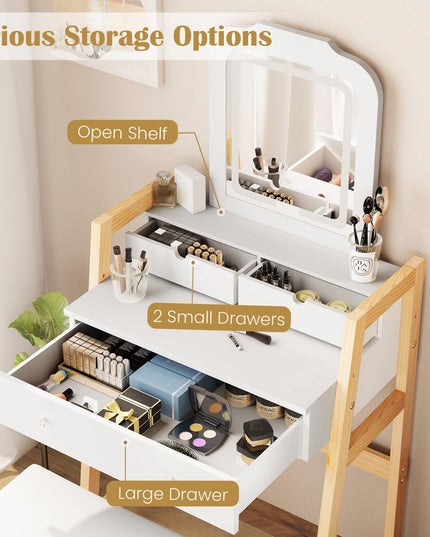 Small Vanity Desk with Mirror and Lights, White Makeup Vanity Desk with 3 Drawers