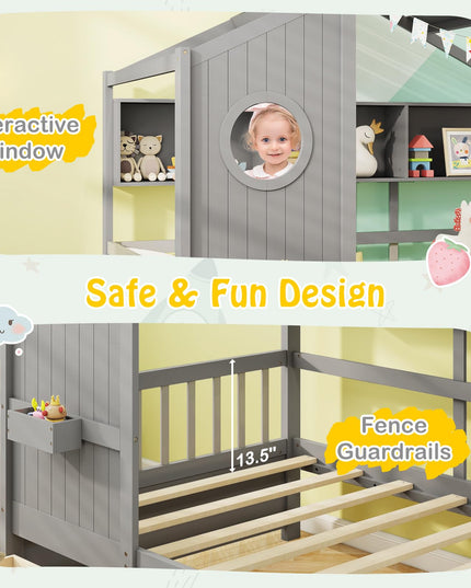 Giantex Twin House Bed with 2 Storage Drawers, Kids Bed Frame with Storage Cubes, Montessori Bed with Fence Guardrails & Roof