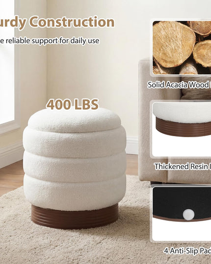 Giantex Round Ottoman with Storage 360° Swivel Boucle Vanity Stool