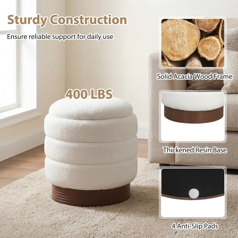 Giantex Round Ottoman with Storage 360° Swivel Boucle Vanity Stool