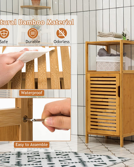 Giantex Bathroom Floor Cabinet, Bamboo Storage Cabinet w/Single Door & Open Shelves