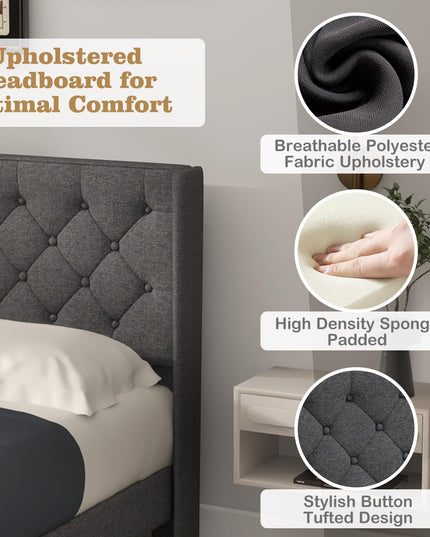 Giantex Bed Frame with Button Tufted Headboard, Modern Fabric Upholstered Platform Bed with Wingback Design, Grey