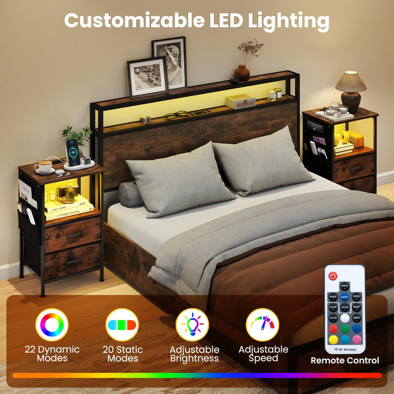 Table de chevet Giantex avec station de recharge | Table d'appoint de canapé à LED avec 2 tiroirs en tissu pliable