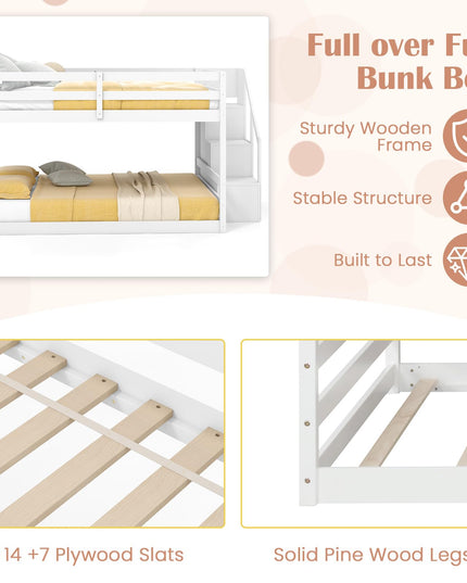 Giantex Bunk Bed with Stairs, Solid Wood Floor Bunk Bed with Storage Staircase & Full-Length Guardrails