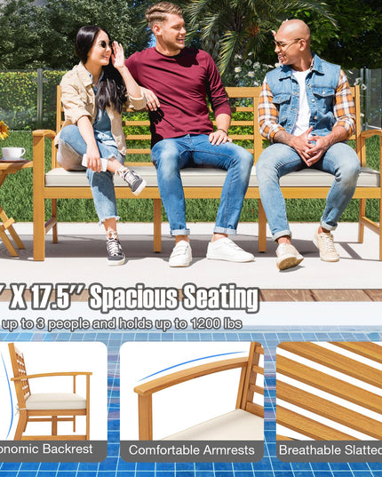 Giantex Acacia Wood Outdoor Bench, 3-Seat Patio Bench with Removable Cushion