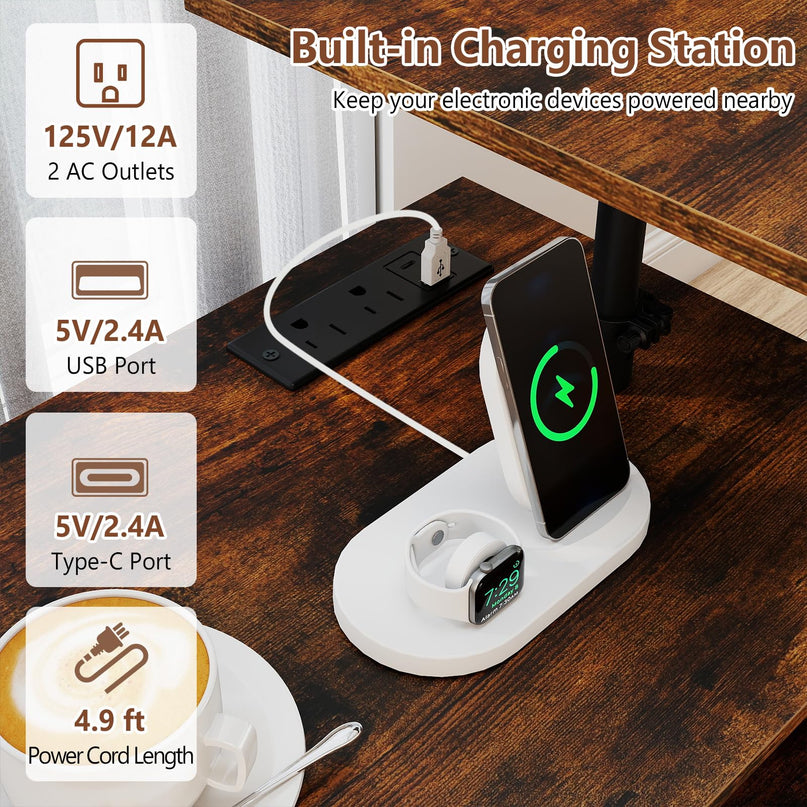 GIANTEX LED Rolling Nightstand with Charging Station & Laptop Tray
