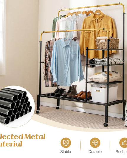 Giantex Double Rods Garment Rack with Wheels, Clothing Rack w/ 2 Hanging Height Adjustable Rods, Side Mesh Racks