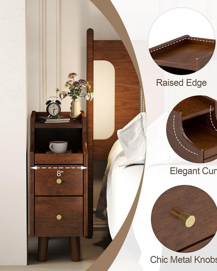 Giantex Narrow Nightstand with 2 Drawers & Pull-Out Tray for Small Spaces