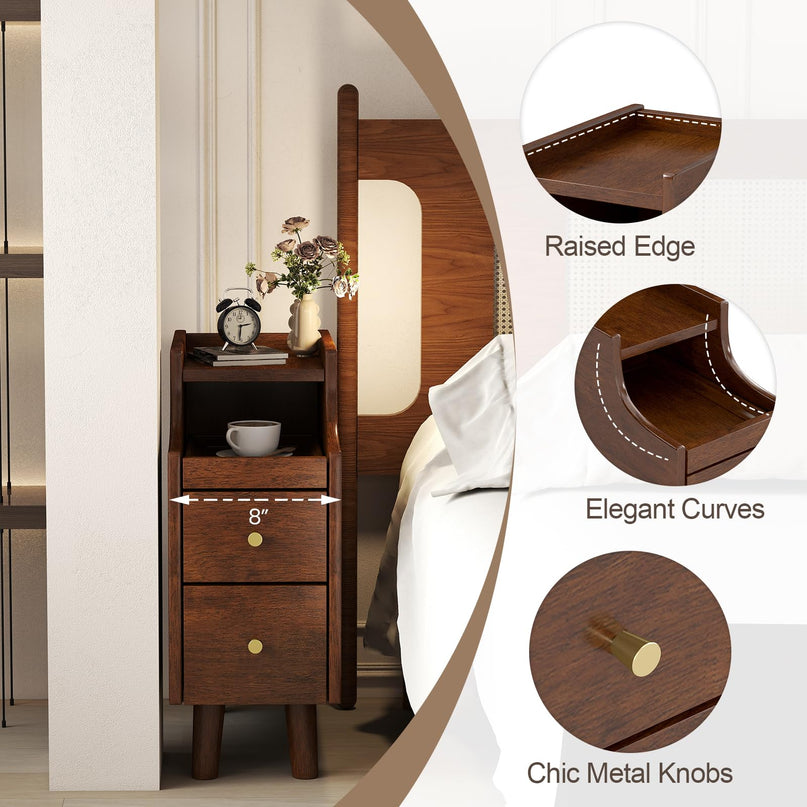 Giantex Narrow Nightstand with 2 Drawers & Pull-Out Tray for Small Spaces