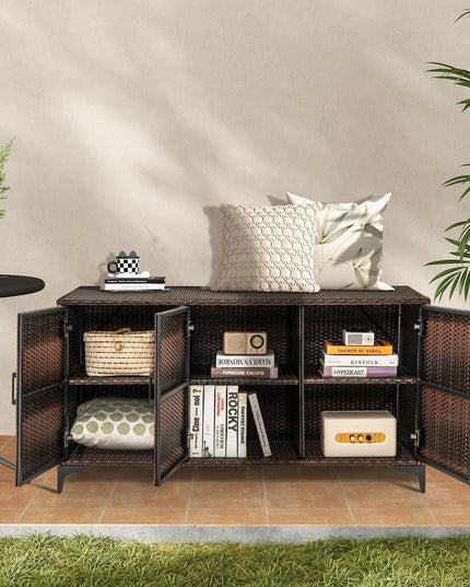 Giantex 84-Gallon Wicker Deck Box - Patio Storage Cabinet, 3-Door PE Rattan Storage Container with Removable Shelves