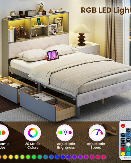Giantex Gray Full Size Bed Frame with Upholstered Bookcase Headboard