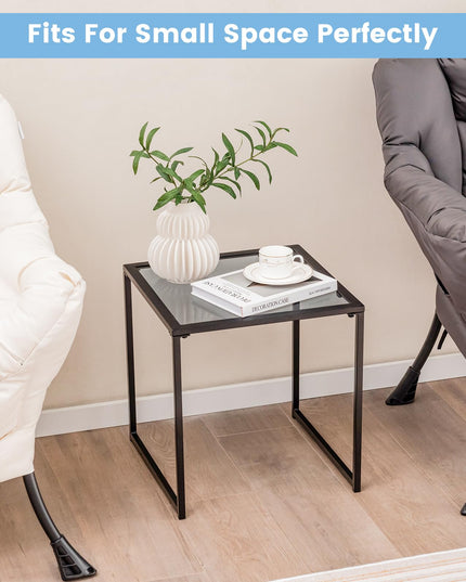 Giantex Outdoor 17” Square Table - Patio Tempered Glass End Table Side Table with Metal Frame