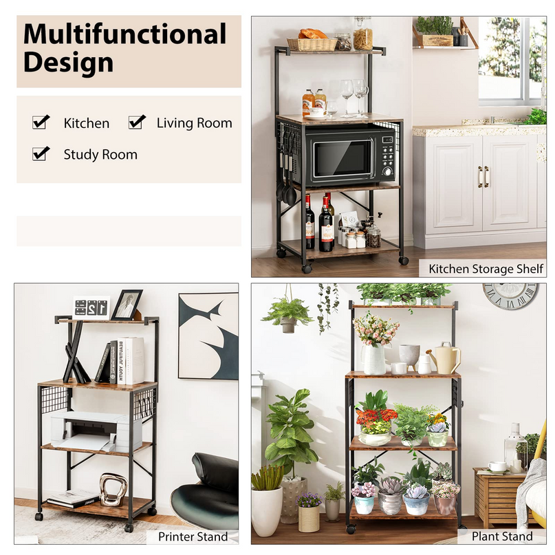 Giantex Kitchen Baker Rack on Wheels, Industrial Utility Storage Shelf, with 3 Hooks (Rustic Brown)