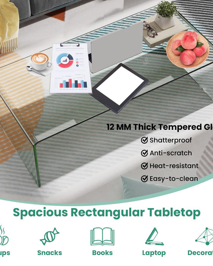 Giantex 42.5 Inch Clear Tempered Glass Center Table with with 4 Foot Pads and Round Edges