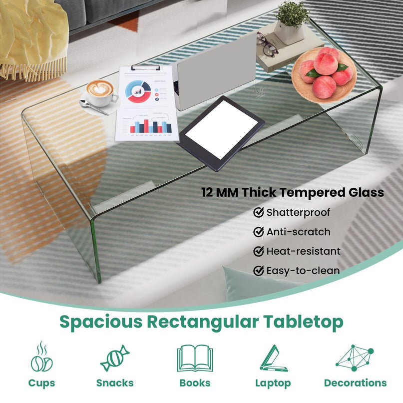 Giantex 42.5 Inch Clear Tempered Glass Center Table with with 4 Foot Pads and Round Edges