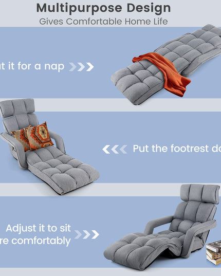 Giantex Foldable Lazy Sofa Bed, 6-Position Adjustable Floor Chair Chaise Lounge with Armrest and Footrest (Gray)