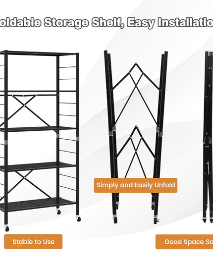 Giantex 5-Tier Folding Bookshelf with Wheels of 1/2, 60" Tall Foldable Metal Shelves for Storage