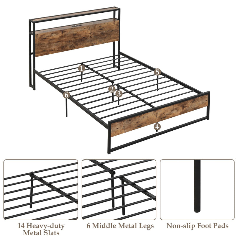 Giantex Full Bed Frame with Storage Headboard and Charging Station, with Outlets and USB Ports