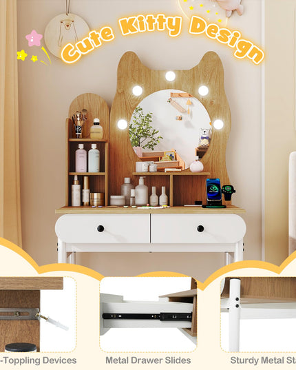 Makeup Vanity Desk with Lights & Mirror for Girls & Teenagers Bedroom