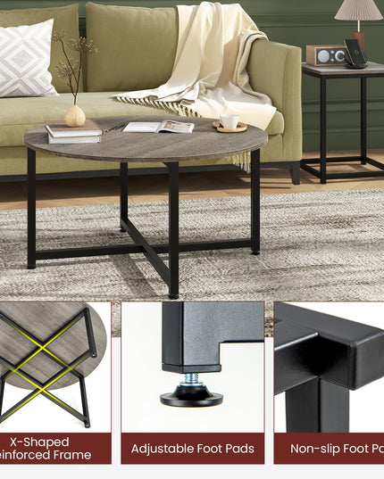 Giantex Round Nesting Table Set of 3, Farmhouse Coffee Table w/2 End Tables, Sturdy Metal Frame (Black Oak)