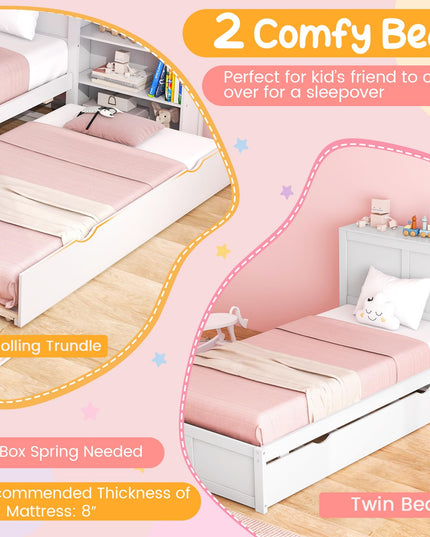 Giantex Full Bed Frame with Twin Trundle, Wooden Bed Wooden Bed Frame with 2 Rolling Bookcases & High Headboard