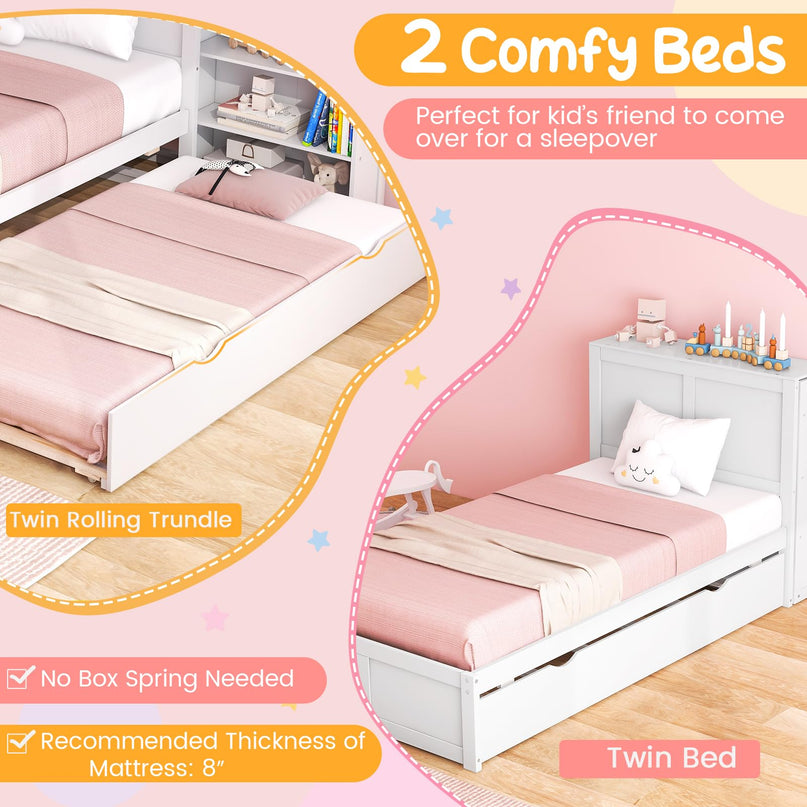 Giantex Full Bed Frame with Twin Trundle, Wooden Bed Wooden Bed Frame with 2 Rolling Bookcases & High Headboard