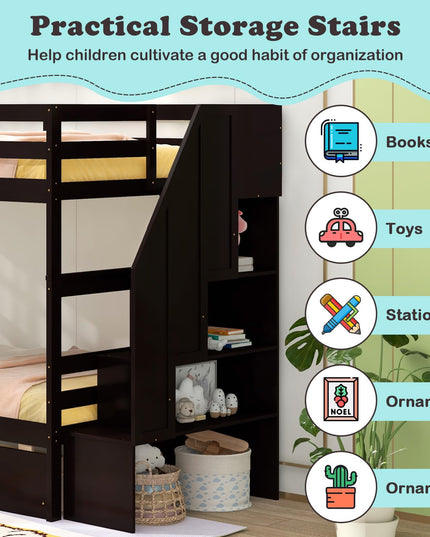 Giantex Bunk Bed Twin Over Twin with Storage Stairs & Drawers, Solid Wood Bunk Bed with Full-Length Guardrails