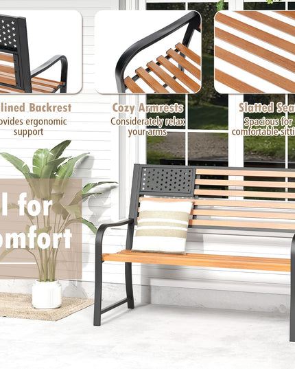 Giantex Outdoor Bench, 2-Person Metal Garden Bench with American Flag Backrest