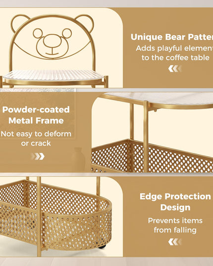 Giantex Mobile Glass Coffee Table, 2-Tier Modern Cocktail Table with Bear Pattern, Storage Basket & Metal Frame