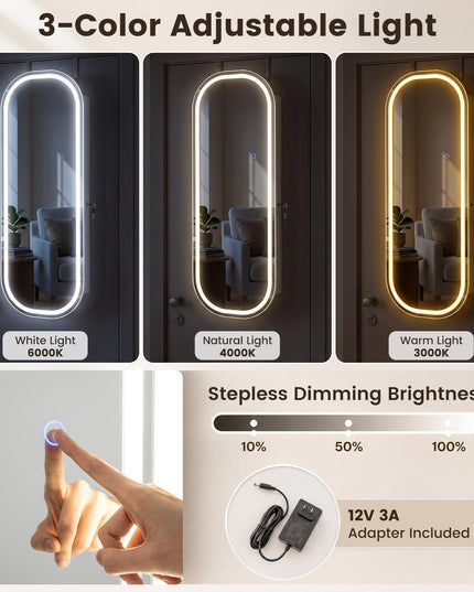 CHARMAID Wall Mount & Over the Door LED Full Length Mirror Jewelry Cabinet