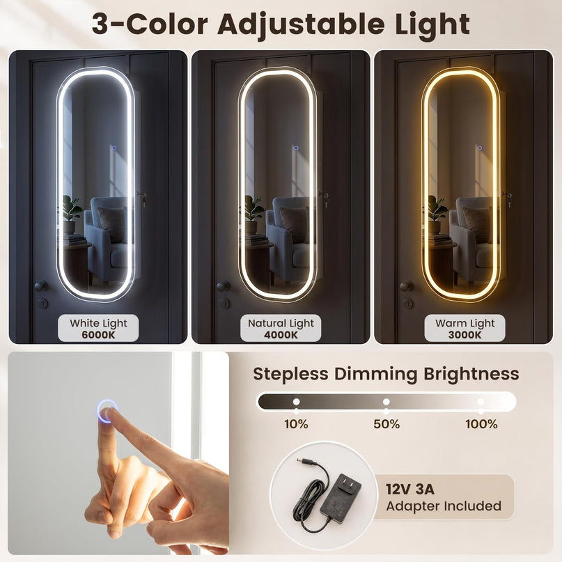 CHARMAID Wall Mount & Over the Door LED Full Length Mirror Jewelry Cabinet