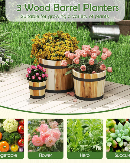 Giantex Set of 3 Barrel Planters Outdoor Acacia Wood Raised Garden Bed