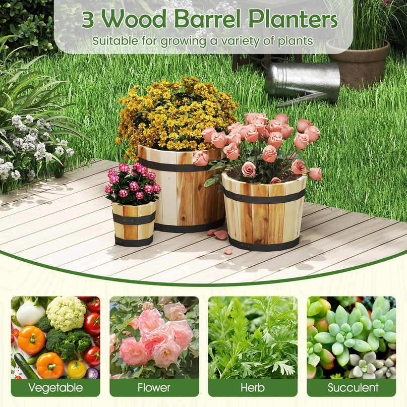 Giantex Set of 3 Barrel Planters Outdoor Acacia Wood Raised Garden Bed