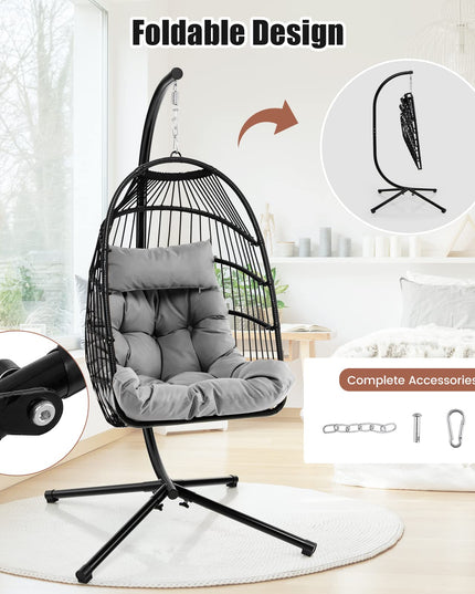 Giantex Egg Chair with Stand, Hanging Basket Chair Hammock Chair w/ Steel Stand Pillow Seat Cushion Rattan Basket & Dust Cover