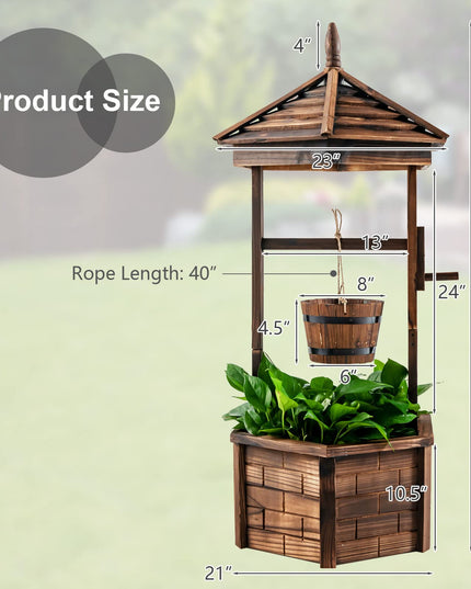 Giantex Rustic Wooden Wishing Well Planter with Hanging Bucket, Roof Shadow