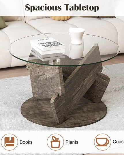 Giantex 32 Inch Modern Center Table with Clear Tempered Glass Top & Solid Wood Legs