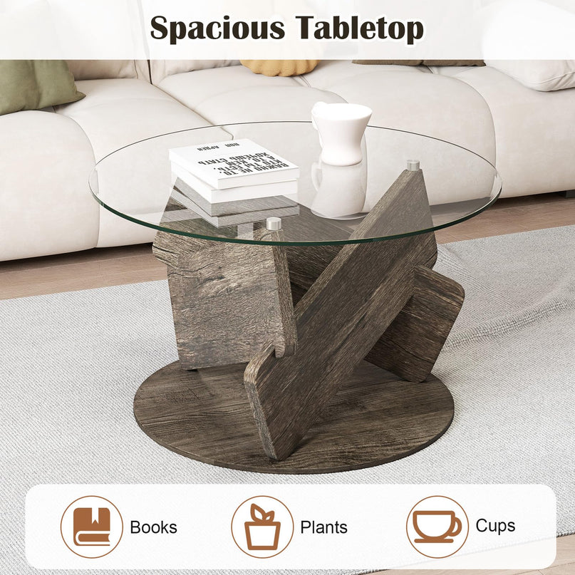 Giantex 32 Inch Modern Center Table with Clear Tempered Glass Top & Solid Wood Legs