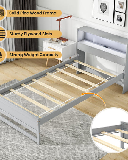 Giantex Twin Bed Frames with Storage Headboard, Wood Platform Bed with Charging Station & LED Light